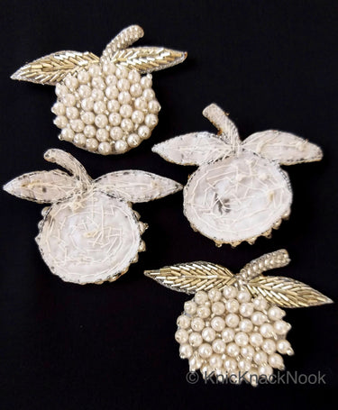 Hand Embroidered White Fruit Applique, White Pearl Beads Applique Orange Motif In Pearls, Kids Applique Patch